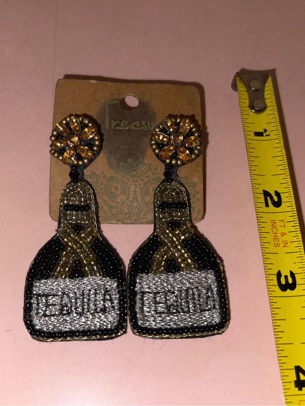 Unused Pair of Tequila Beaded Black and Gold Drop Earrings